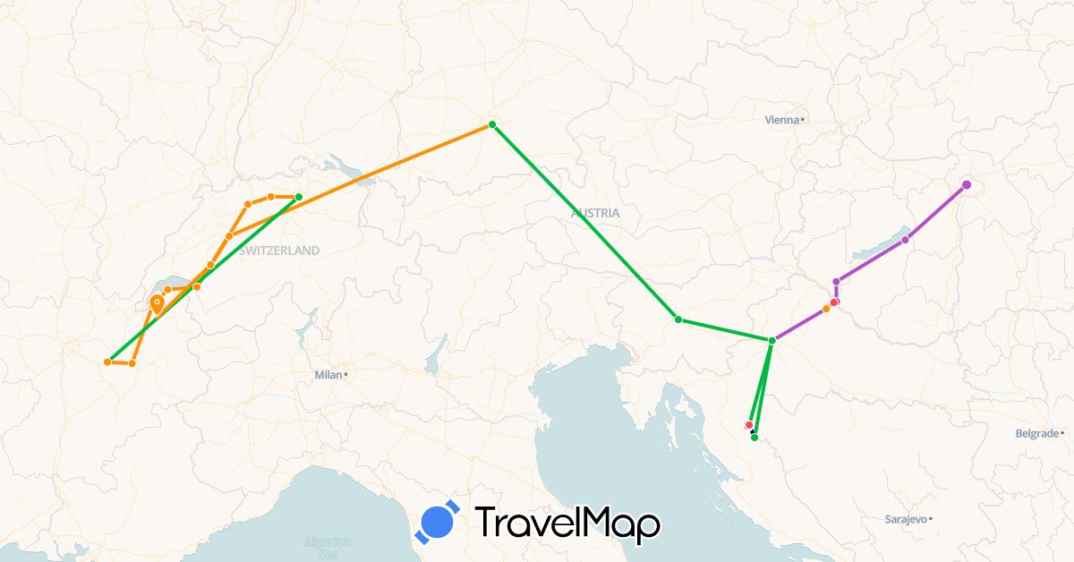 TravelMap itinerary: driving, bus, train, hiking, boat, hitchhiking in Switzerland, Germany, France, Croatia, Hungary, Slovenia (Europe)